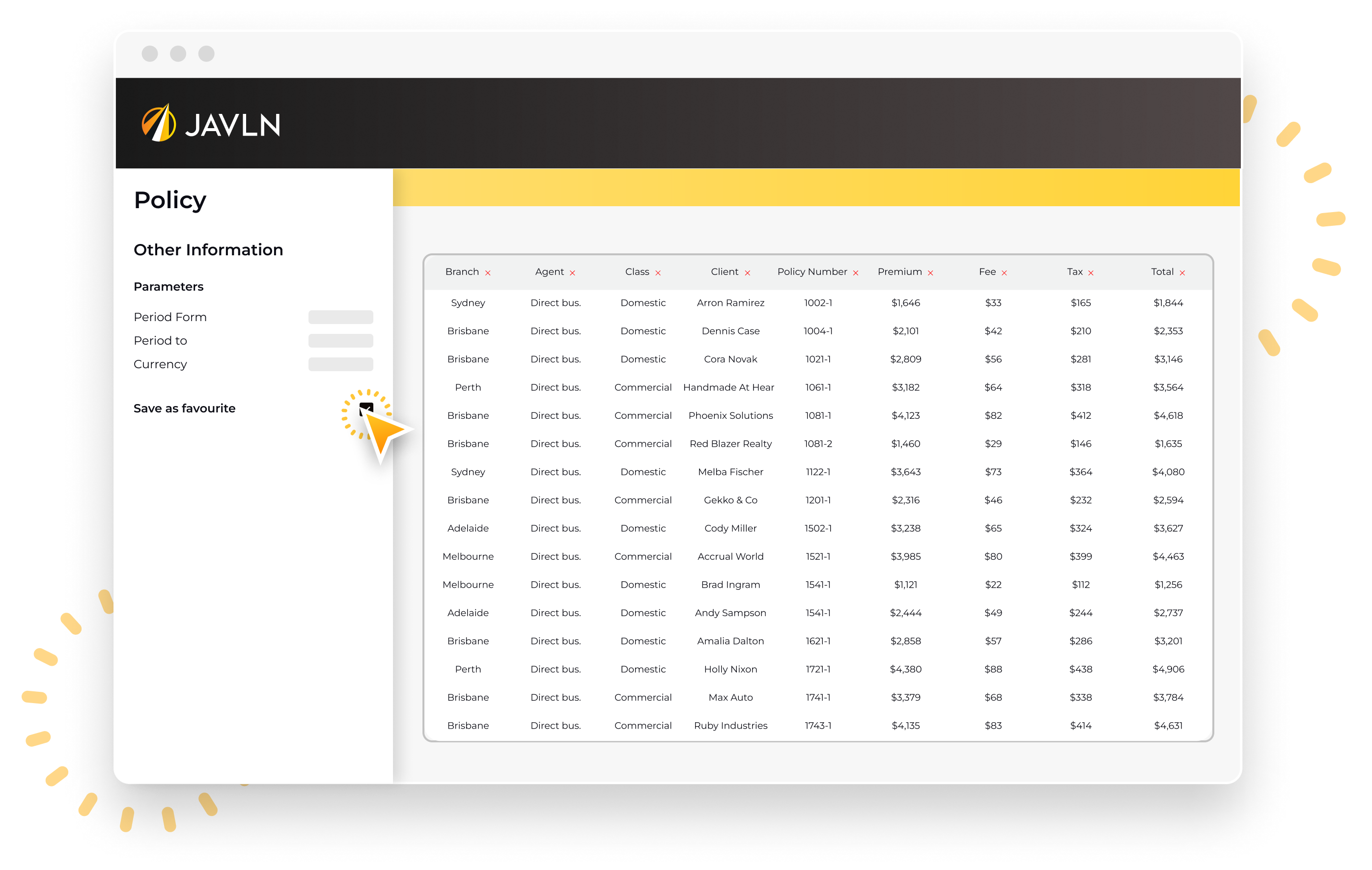 Screen demonstrating JAVLN's insurance administration software reporting functionality