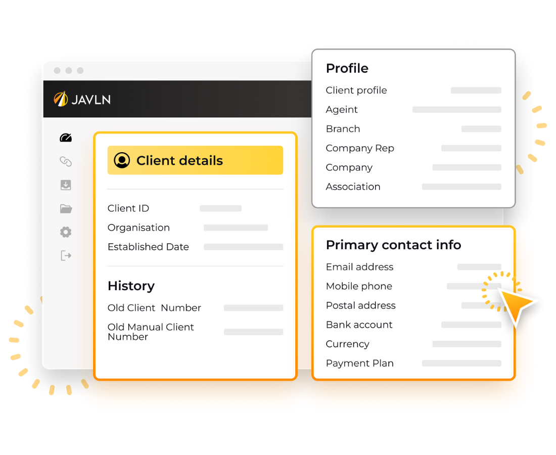 Screen showing how insurance brokers can manage client information with JAVLN's insurance software.