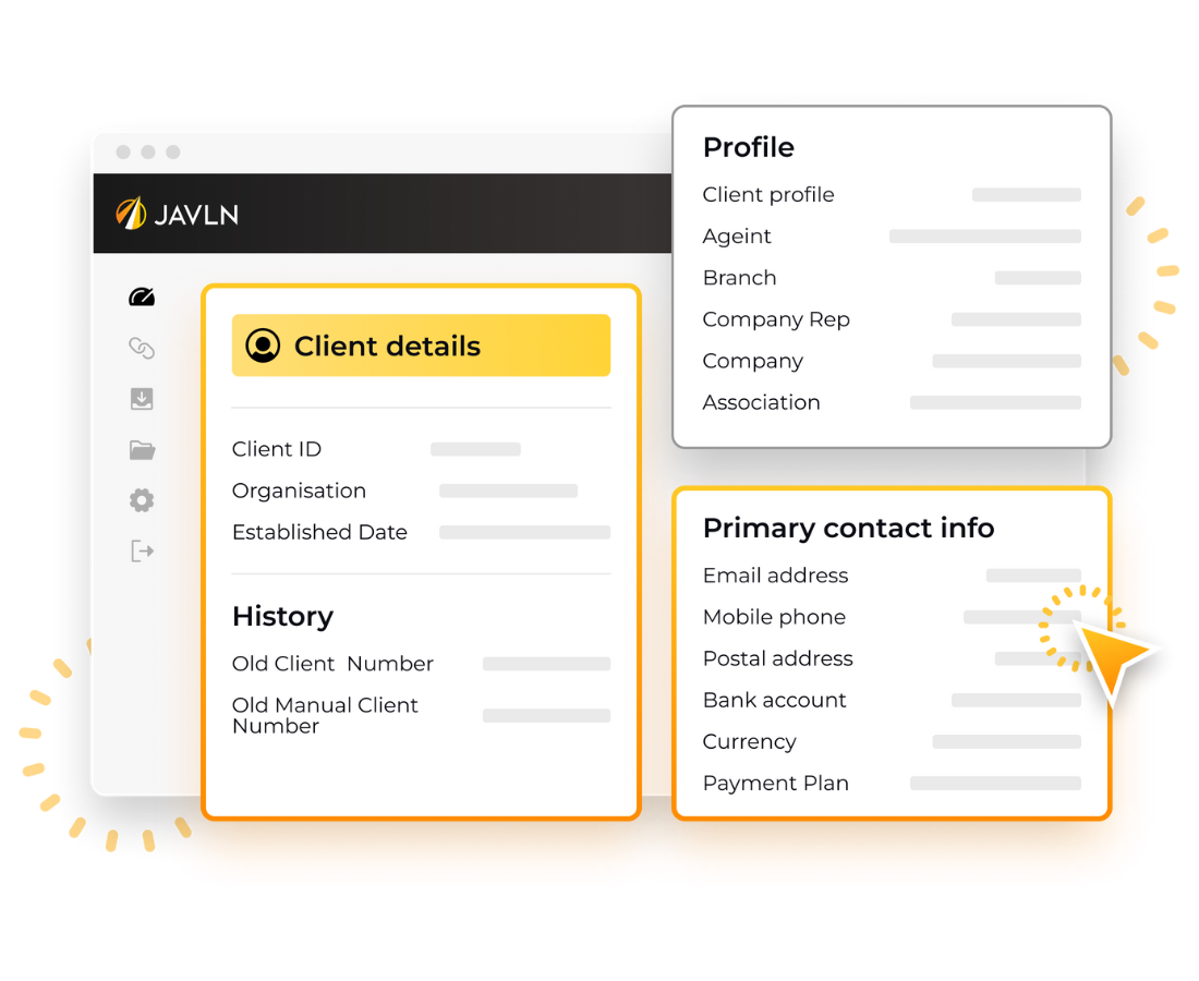 Screen showing how insurance brokers can manage client information with JAVLN's insurance software.