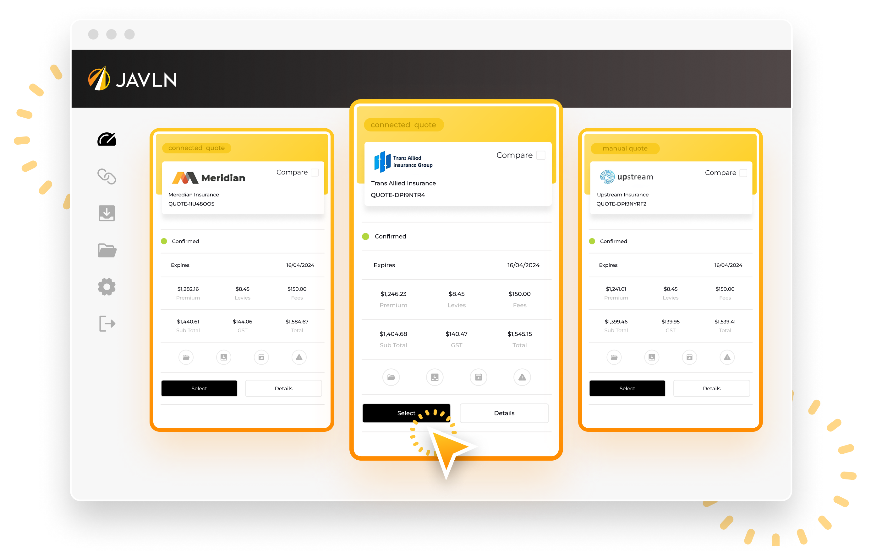 Screen showing JAVLN's Multi-Quote functionality for comparing policies from multiple insurers.